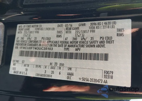 2016 Ford Escape S из США, поврежденный, VIN 1FMCU0F74GUC35103